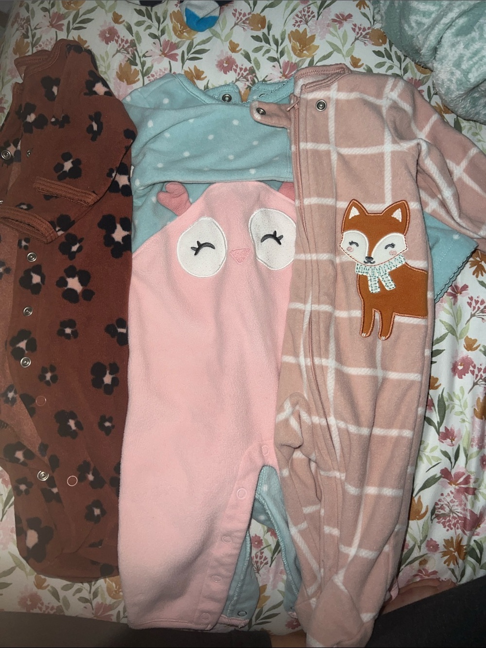 Carter's Pink Owl & Mauve Fox Fleece One-Piece Set